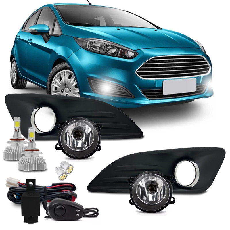 Kit Farol Milha Neblina Auxiliar New Fiesta 2013 2014 2015 Moldura Cromada + Kit Super Led 6000k