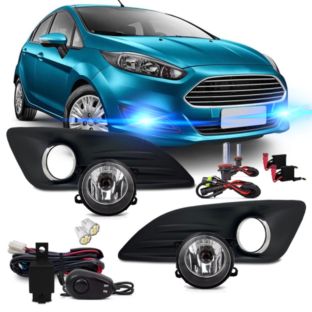 Kit Farol Milha Neblina Auxiliar New Fiesta 2013 2014 2015 Moldura Cromada + Kit Xenon H11 8000k