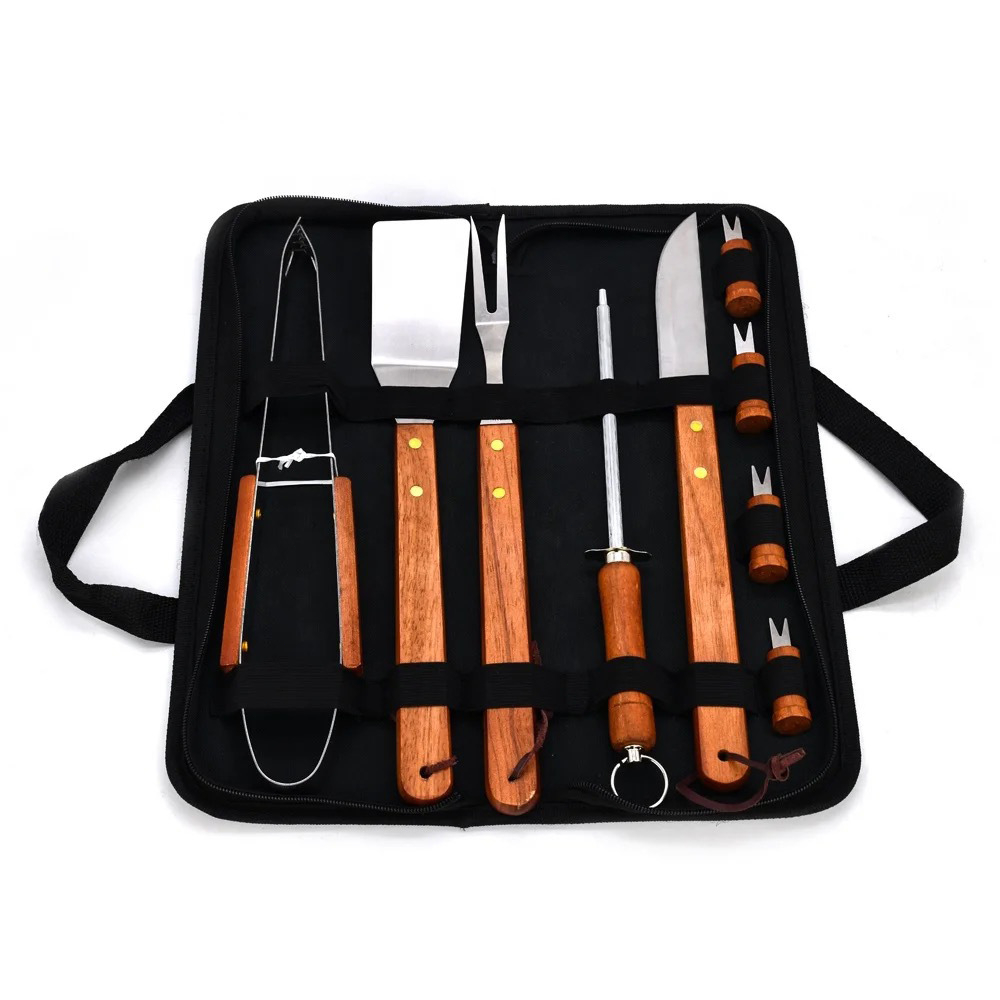 Kit jogo de 10 peças Churrasco Faqueiro Aço Inox C/  Estojo de Organizador em Oferta na Shopee