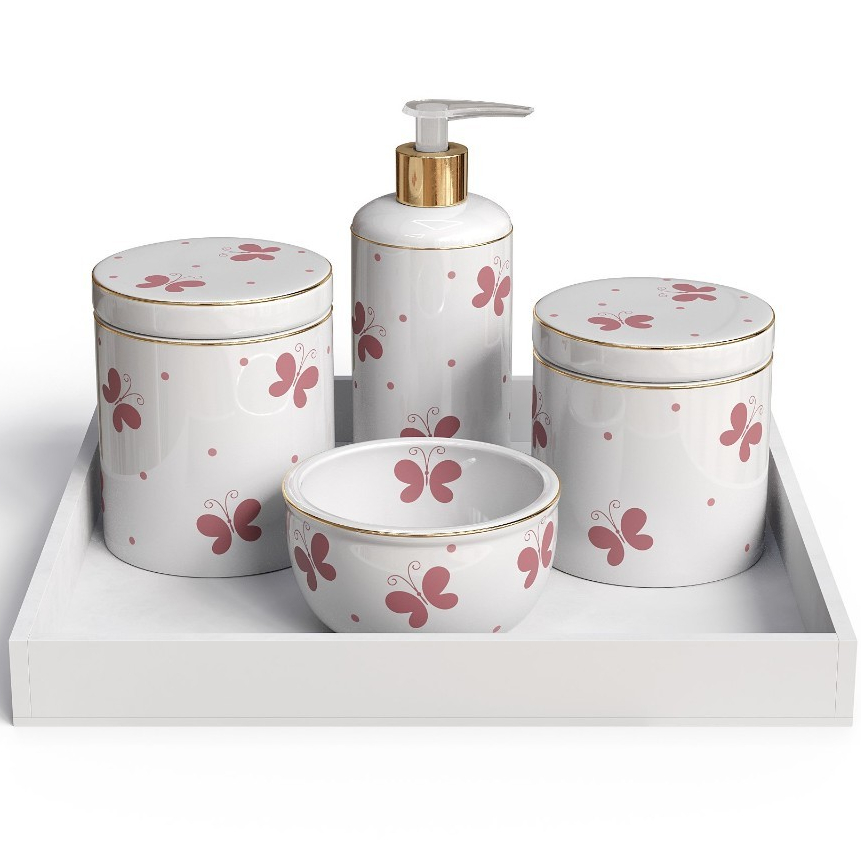 Kit Higiene 5 Pecas Bebe Porcelana Borboletas Filete De Ouro Com Bandeja Em MDF