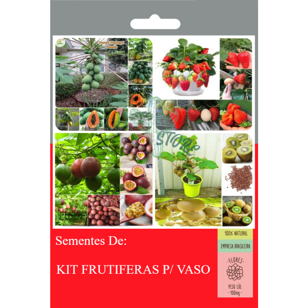 Kit Frutiferas para Vaso Kiwi - morango - Mamao anao - Maracura Roxo