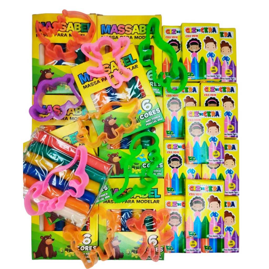 Kit 15 Caixas Massa Modelar + 15 Mini Giz + 15 Colorir + 60 Cortadores Kit Festa Aniversario Criança em Oferta na Shopee