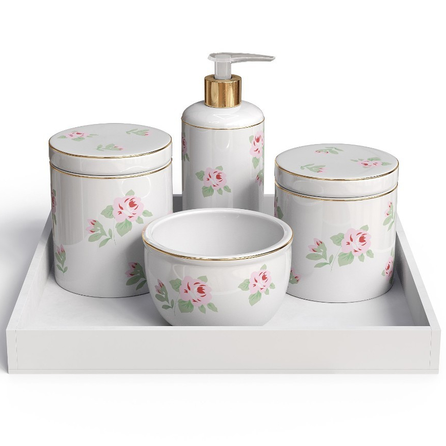 Kit Bebe Com Bandeja Menina Flores Rosas Com Filete De Ouro