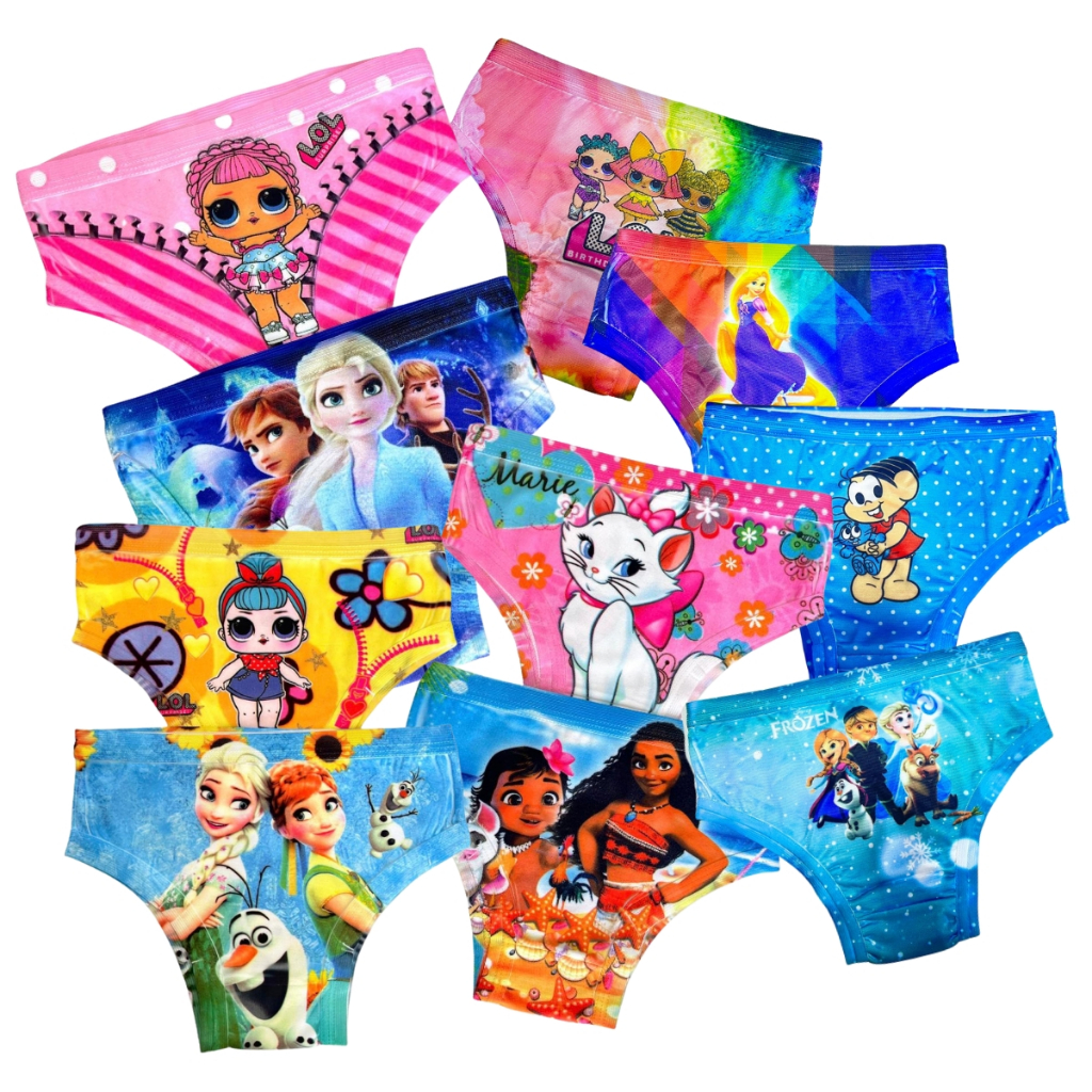 Kit 3 ou 5 Calcinha Infantil Sublimada Roupa Menina Personagens