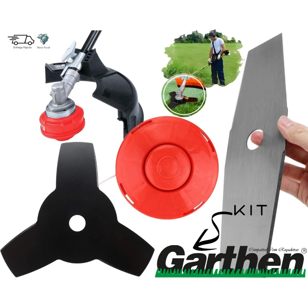 Kit Disco + Lâmina e Carretel Nylon Automático P/ Roçadeira Garthen Cg420 Cg450 Cg550 Cg330b Cg350