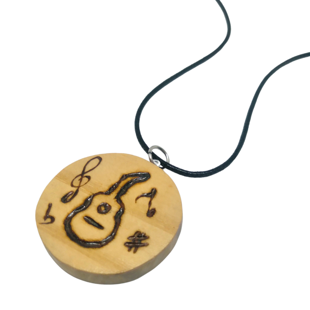 Colar violão e nota musical pingente madeira cordão regulável