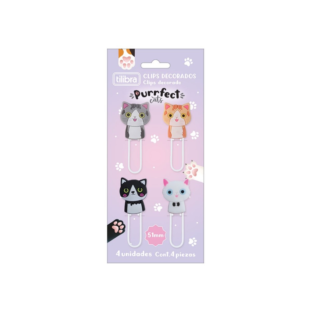 Clips Metálico Decorado com 4 Unidades Purrfect Cats- Tilibra | de Papel