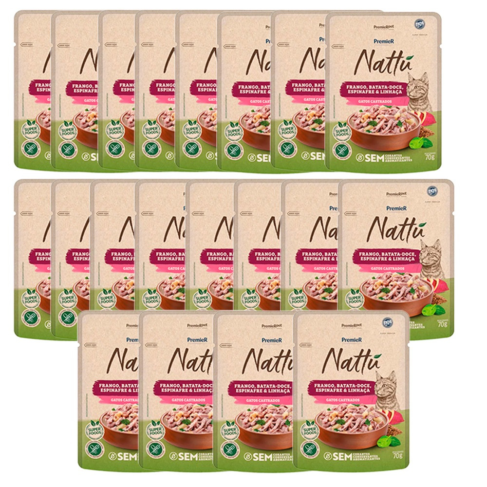 Kit 20un. Ração Úmida Premier Nattu Sachê Gatos Castrados Frango, Batata Doce, Espinafre e Linhaça﻿ 70g em Oferta na Shopee