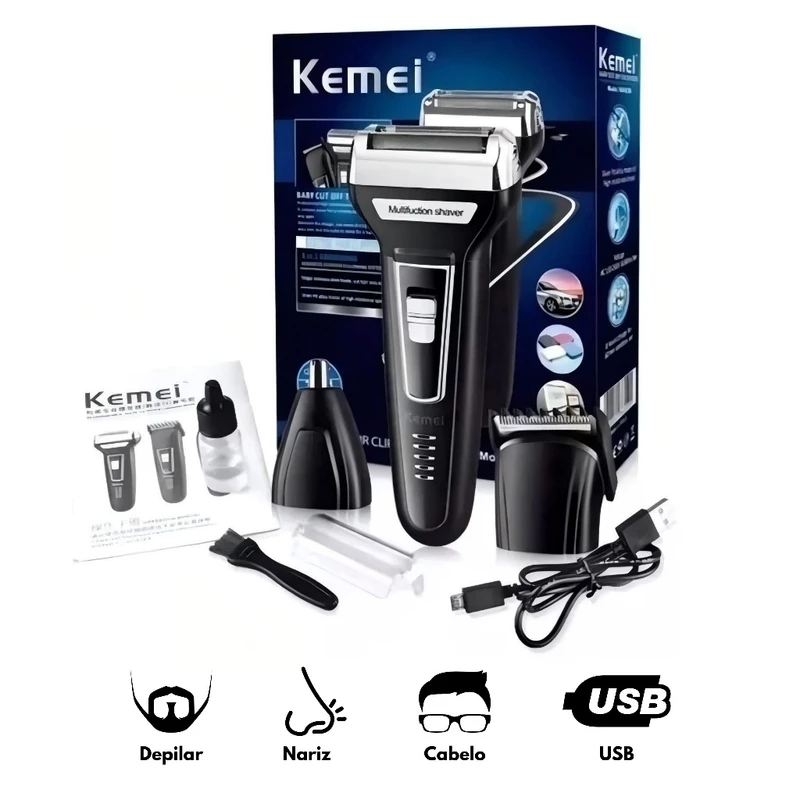 Barbear com Estilo: Kemei 3 Em 1 🪒