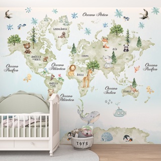 Papel de parede infantil mapa múndi tons claros com animais leão raposa urso baleia em Oferta na Shopee