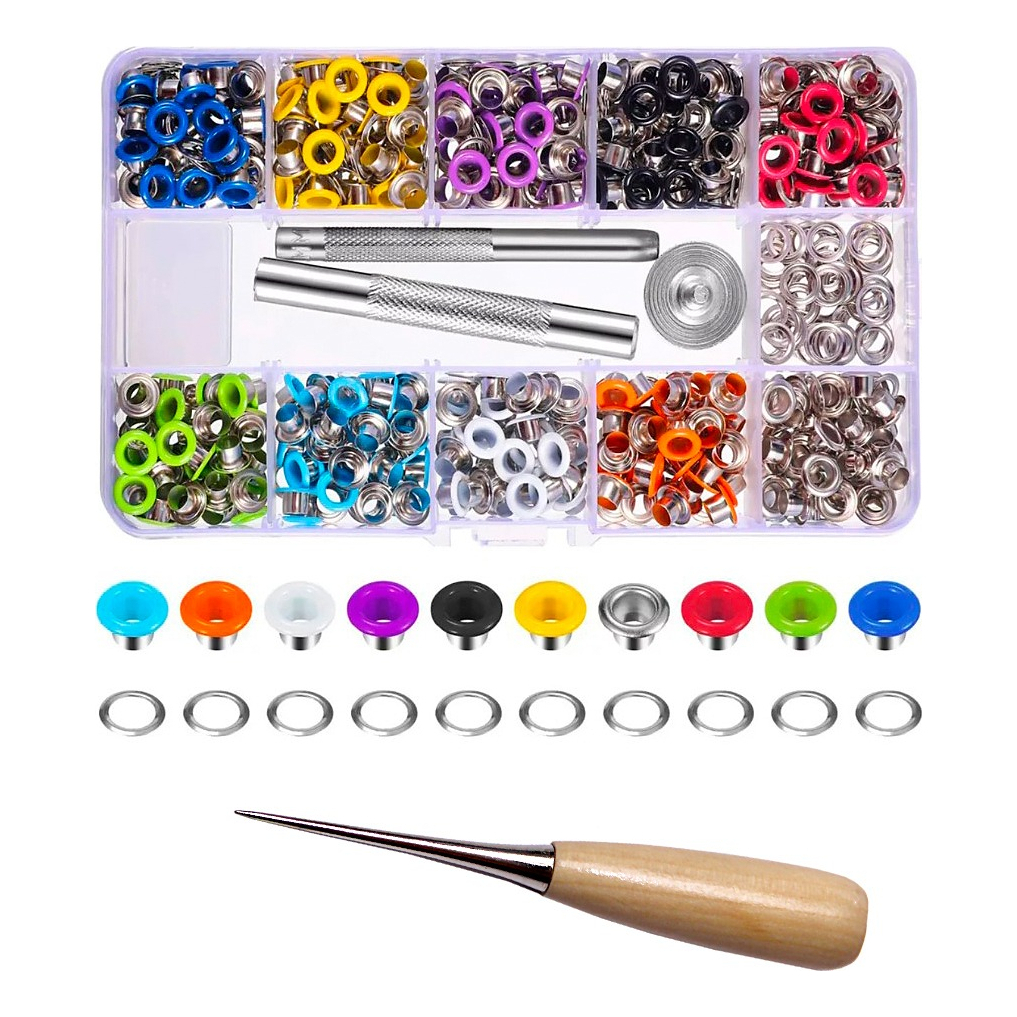 Aplicador Manual Ilhós E Vazador Couro + Kit 400 Peças Ilhós Nº54 Colorido + Agulhão 12Cm - Lanmax