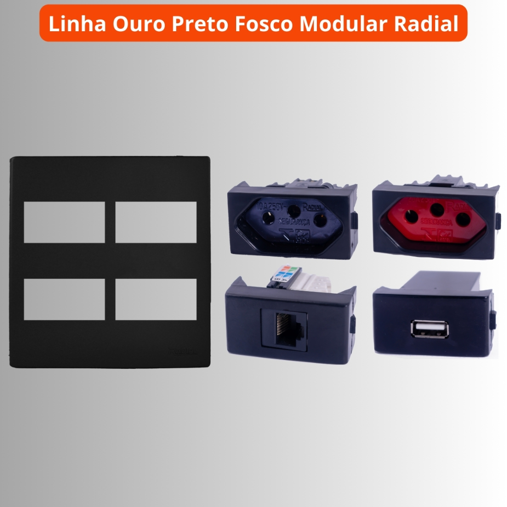Espelho (Placa) Tomada 10A + Tomada 20A + Módulo RJ45 + Módulo USB Linha Ouro Preto Fosco RADIAL