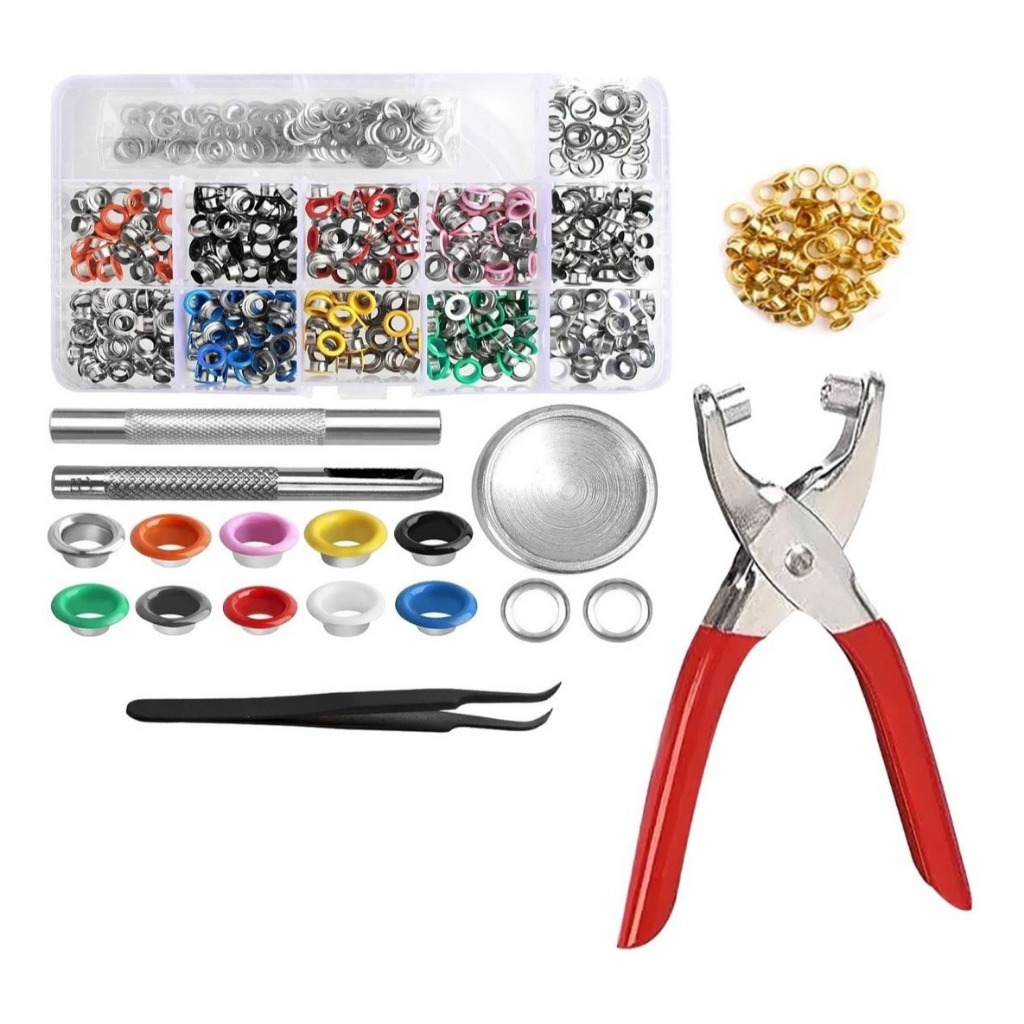 Kit 500 Ilhós Coloridos + Aplicador Manual, Vazador e Alicate Aplicador de Ilhós 150mm Lanmax e NYBC