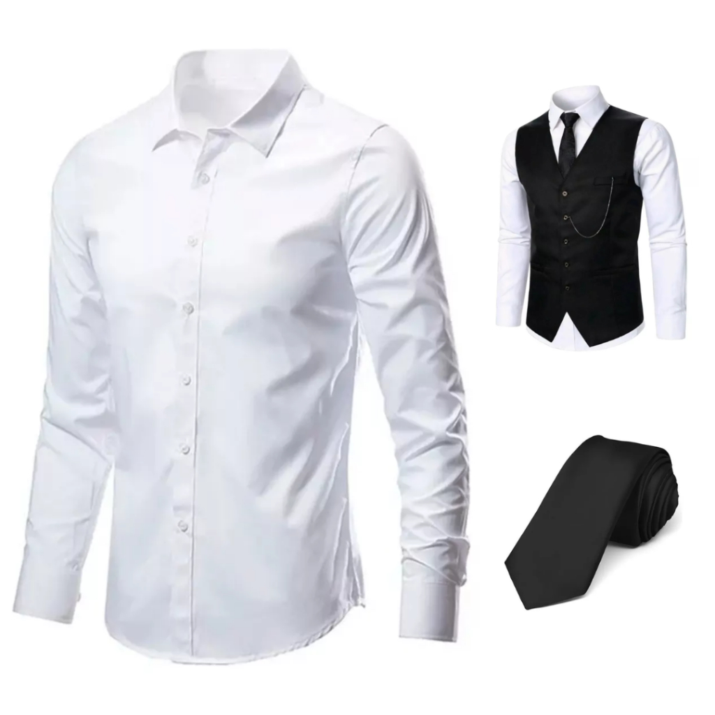 Kit Camisa Social Slim Masculina + Colete Oxford + Gravata Luxo Ofc