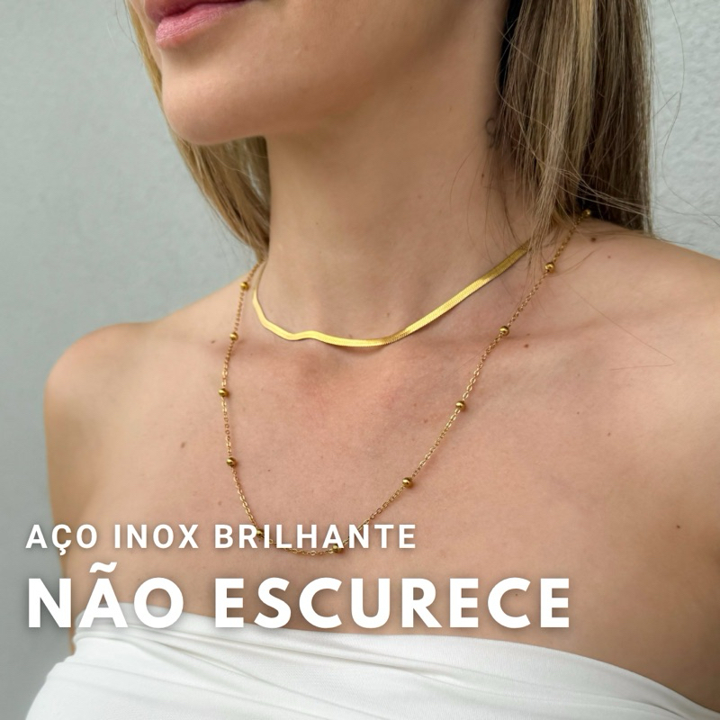 Colar Choker Feminino Aço inoxidável Fita Laminada Bolinha Hipoalergênico