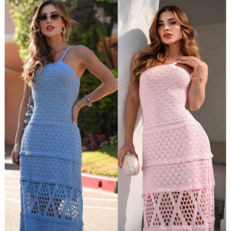 Vestido Babado Longo com forro Tricô Elegante Vestido tricot Vestido Tricô Vestido crochê Vestido Babados