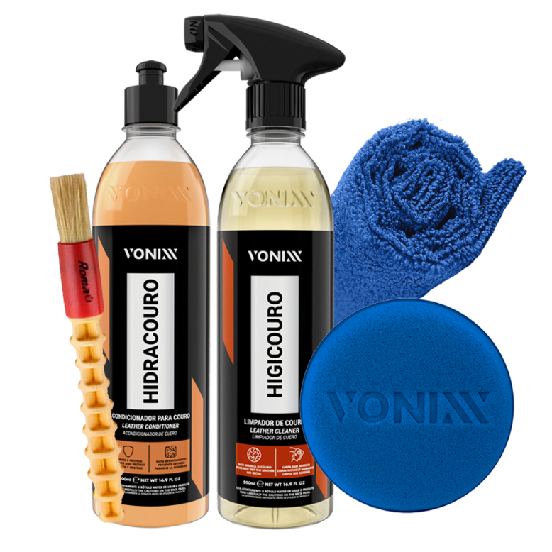 Kit Limpeza de Couro Bancos Portas Hidracouro Higicouro Vonixx + Toalha Aplicador e Pincel em Oferta na Shopee