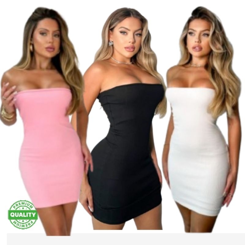 vestido feminino tubinho tomara que caia sem alça curto canelado algodão Premium gringa preto branco rosa azul pink e +