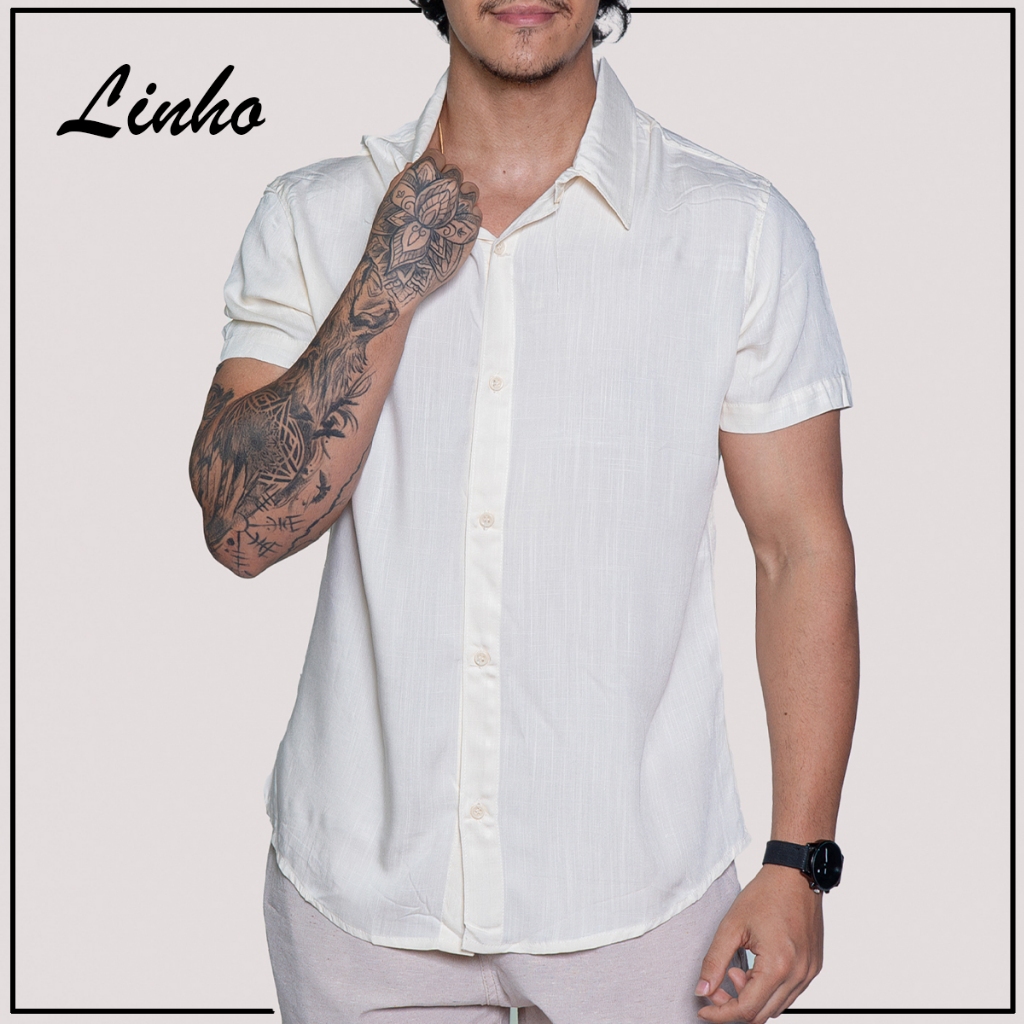 Camisa de Linho Manga curta Social Verão Fresca Gola Italiana Elegante em Visco-Linho em Oferta na Shopee