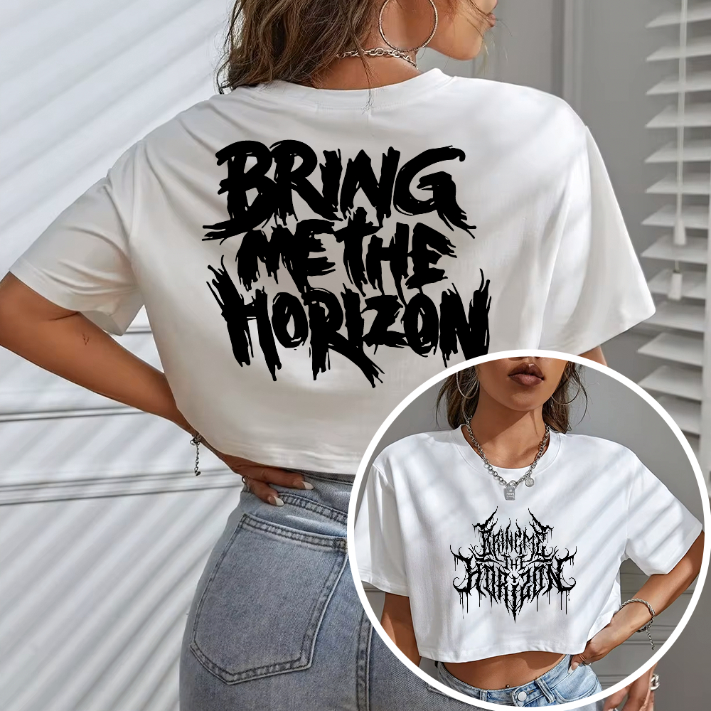 Blusa Cropped Feminino OVERSIZED Frente E Costas Bring Me the Horizon Escrita Gotica Band Boy Rock