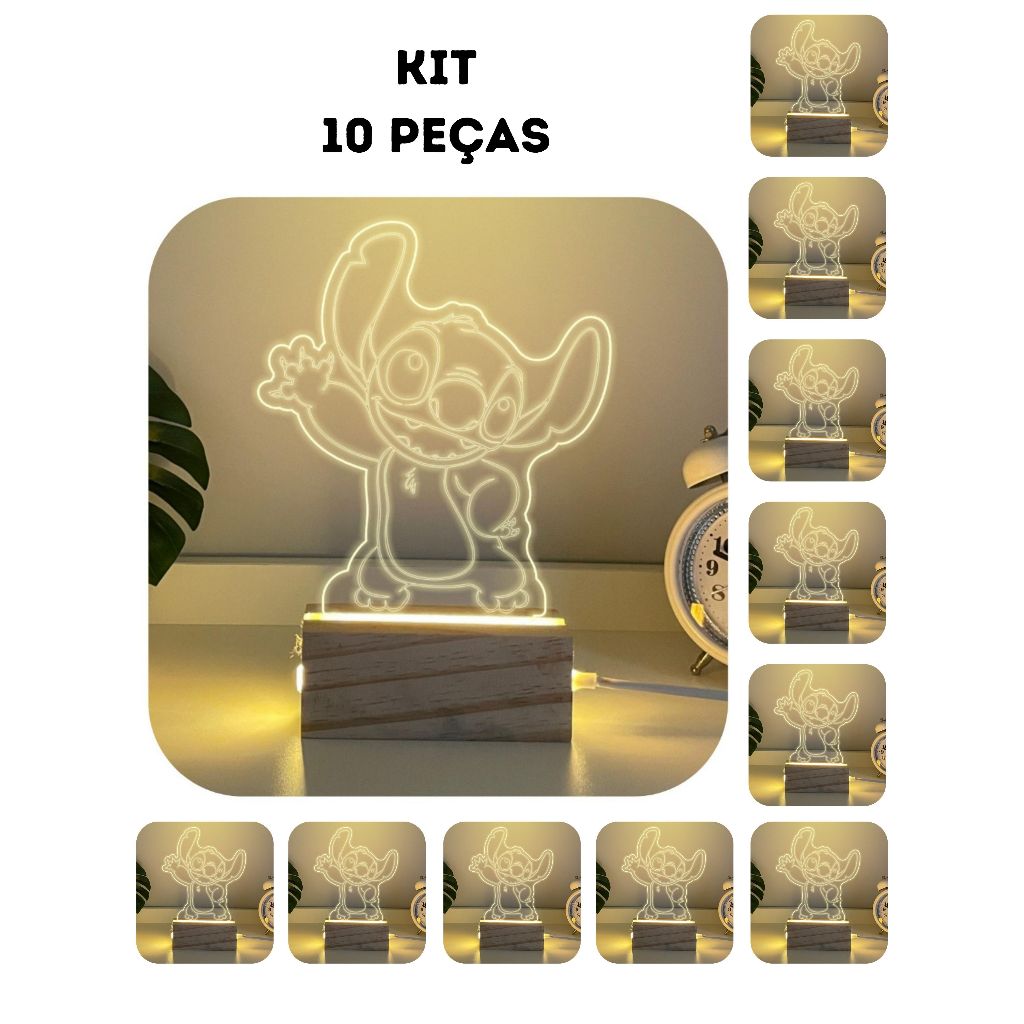 Luminária Abajur de Mesa Kit Stitch Acrílico Madeira 3D Led