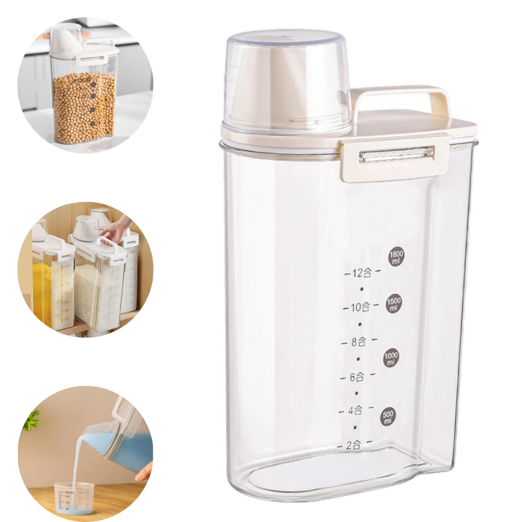 Dispenser Multiuso Tampa Medidora Cozinha Lavanderia Porta Ração Graos Cereal Arroz Farinha 2 Litros