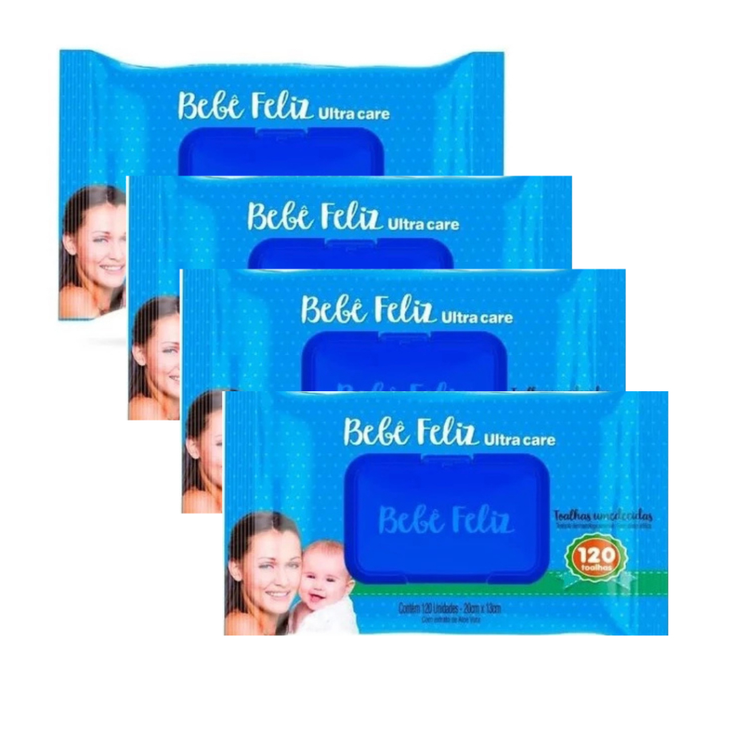 Kit 4 Toalhas Umedecidas Bebê Feliz Ultra care com 120 ou 480 lenços com tampa e Extrato de Aloe Vera promoção economico