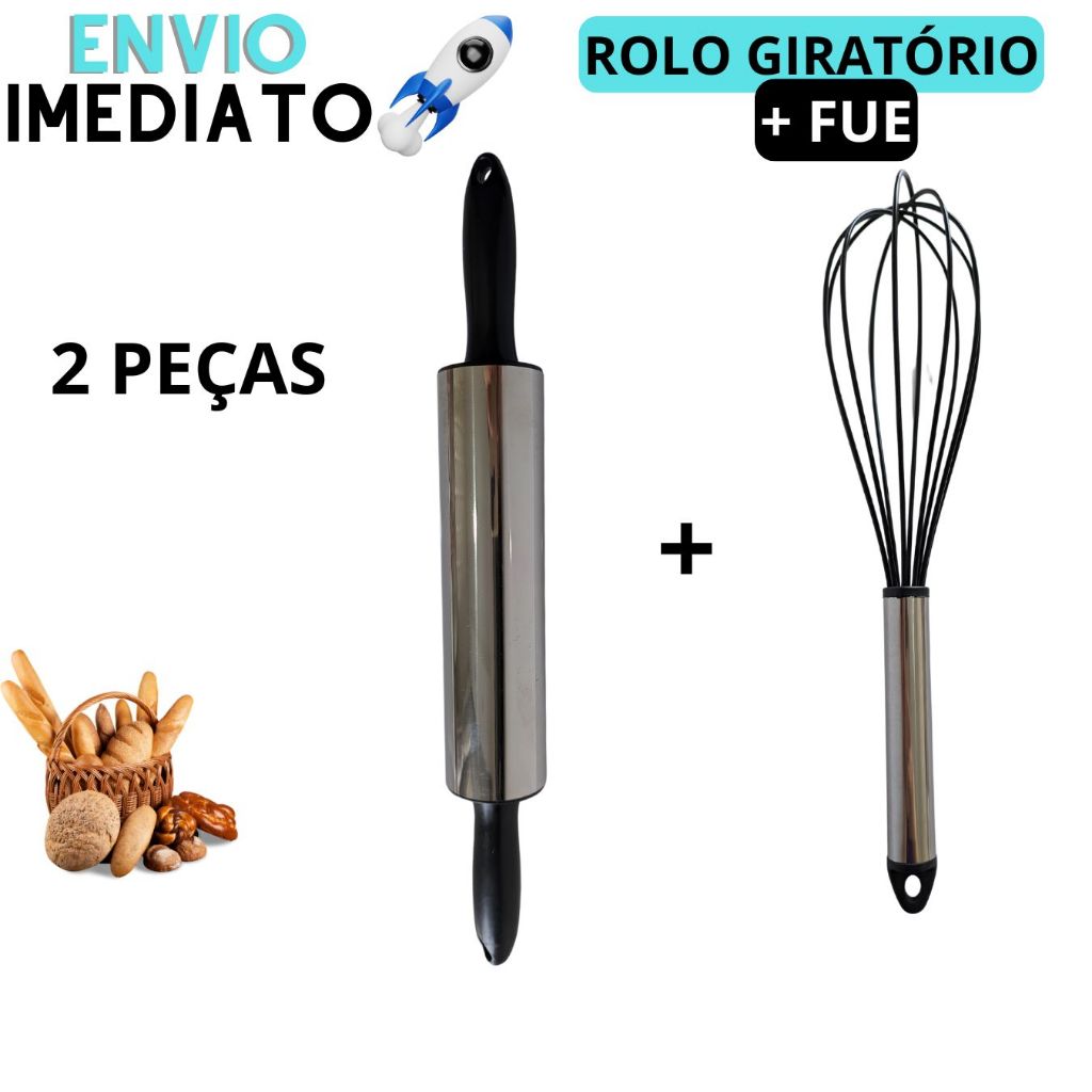 Kit Rolo De Massa + Fuê Batedor de Silicone Rolo De Massa Cilindro Para Pão Pizza Macarrão Fuê Batedor de Ovos Fouet em Oferta na Shopee