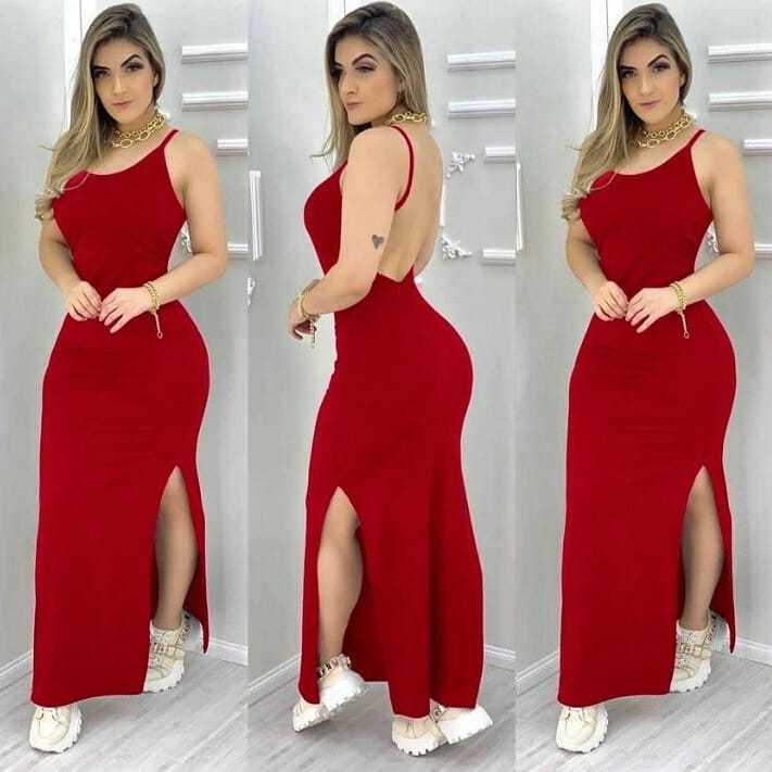 Vestido Longo Feminino Alcinha Fina ,Costa Nua com Bojo ,Canelado Lisa , Fenda Lateral , Verão em Oferta na Shopee