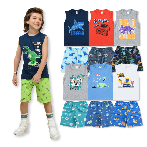 Kit Sortido Conjuntos Regatas + Bermudas Infantil Juvenil Menino/Masculino - Conjuntos Verão