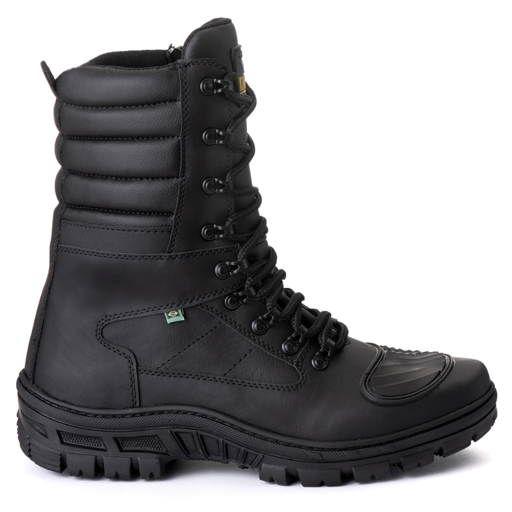 Coturno Militar Motociclista Bota Preta De Couro Ecológico