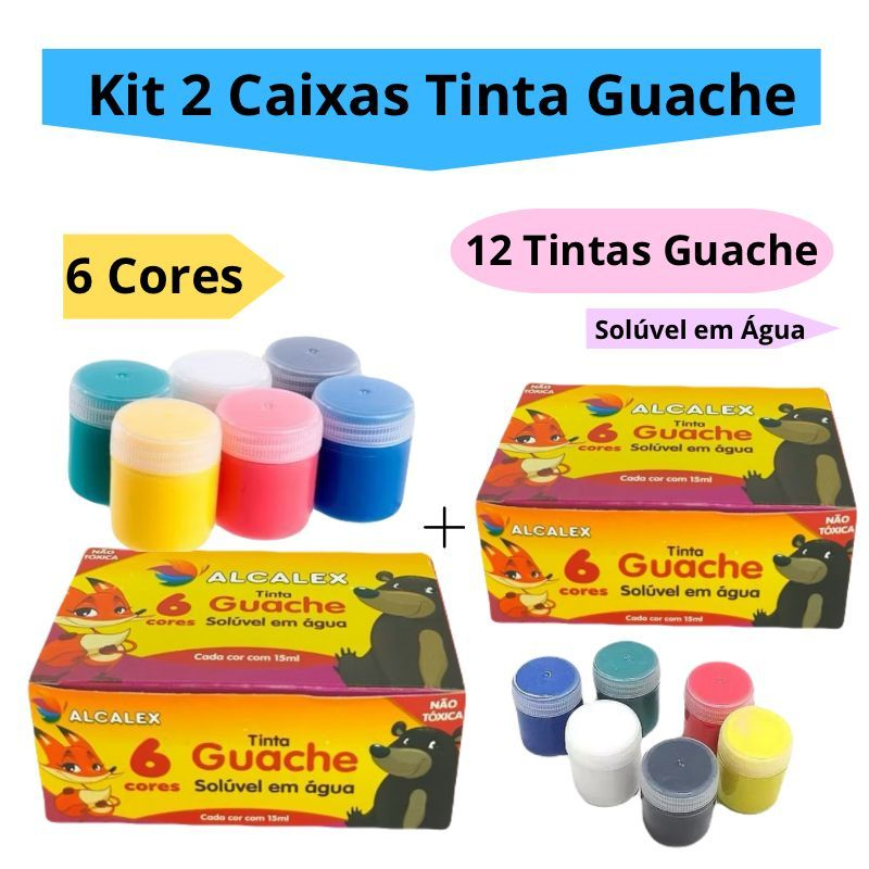 Kit 2 Caixas Tinta Guache 15ml Caixa Com 6 Cores Diferentes 12 Tintas Pintar Escolar Infantil Alcalex