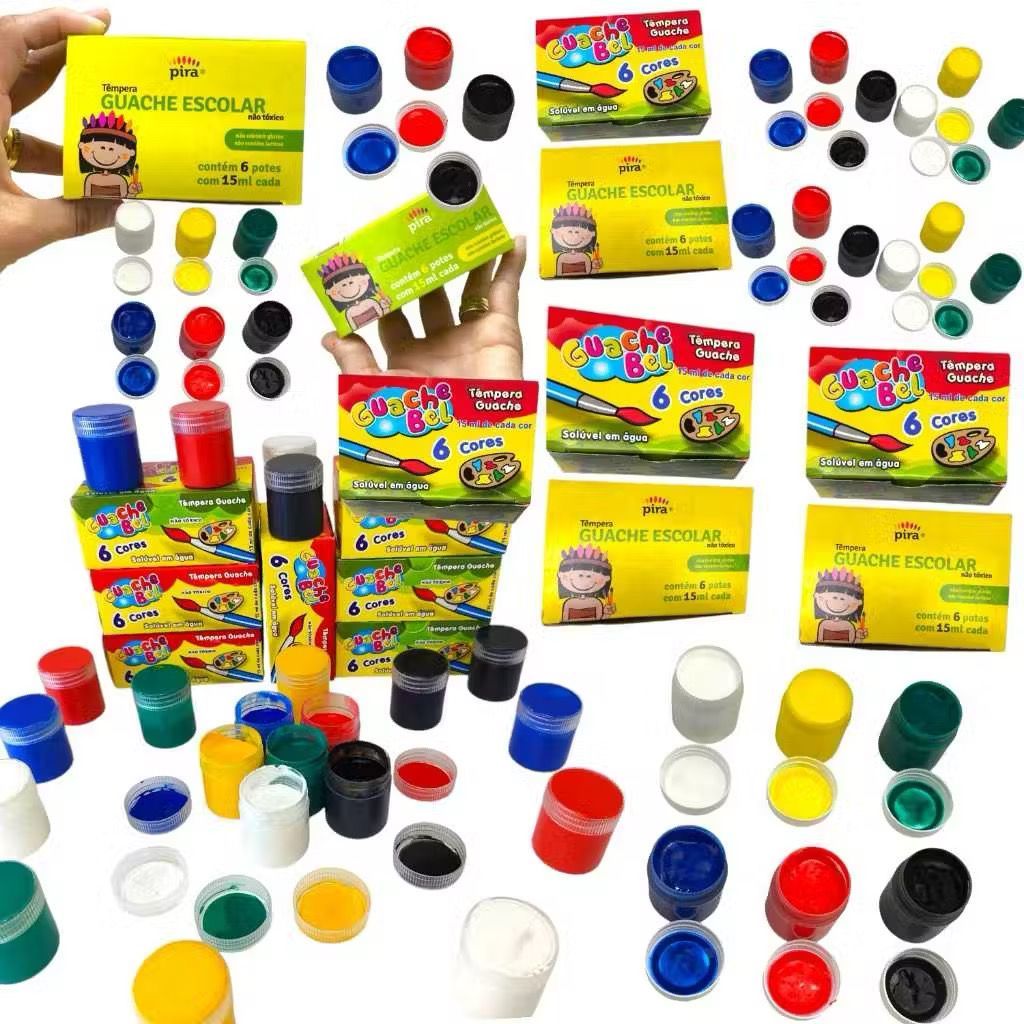 Kit 10 Caixas Tinta Guache 15ml Caixa Com 6 Cores Diferentes 60 Tintas Escolar Infantil Alcalex