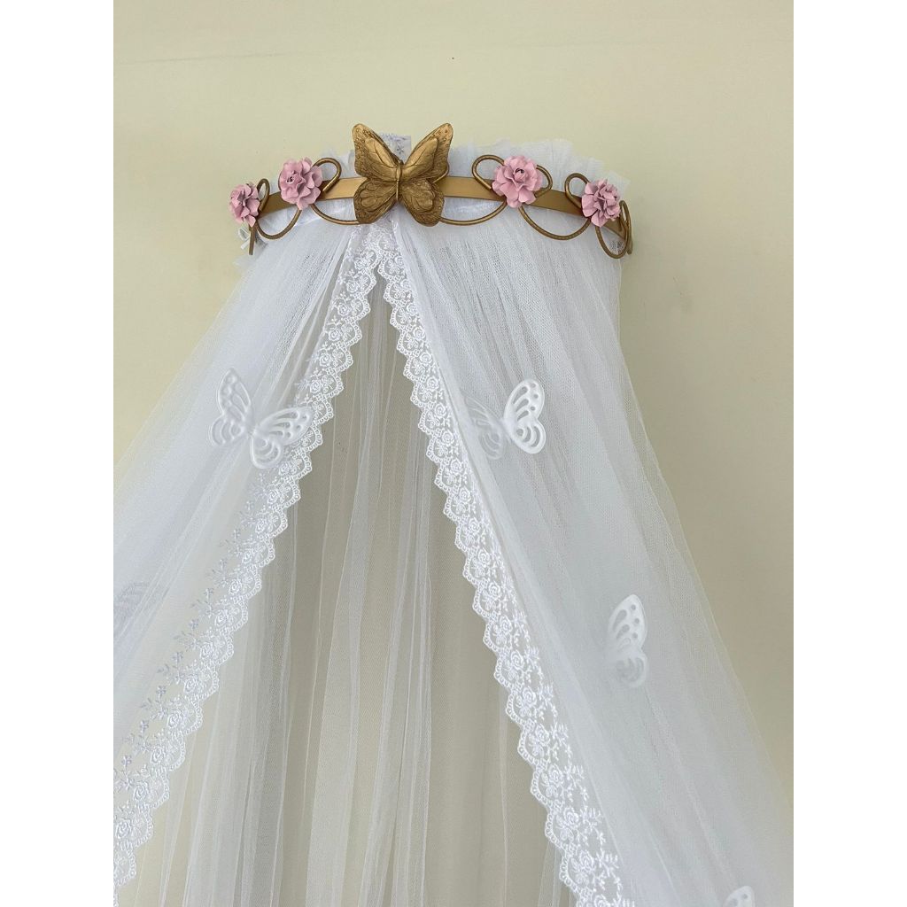 Dossel Flores e Borboleta Dourado e Mosquiteiro Tule Renda Borboletas