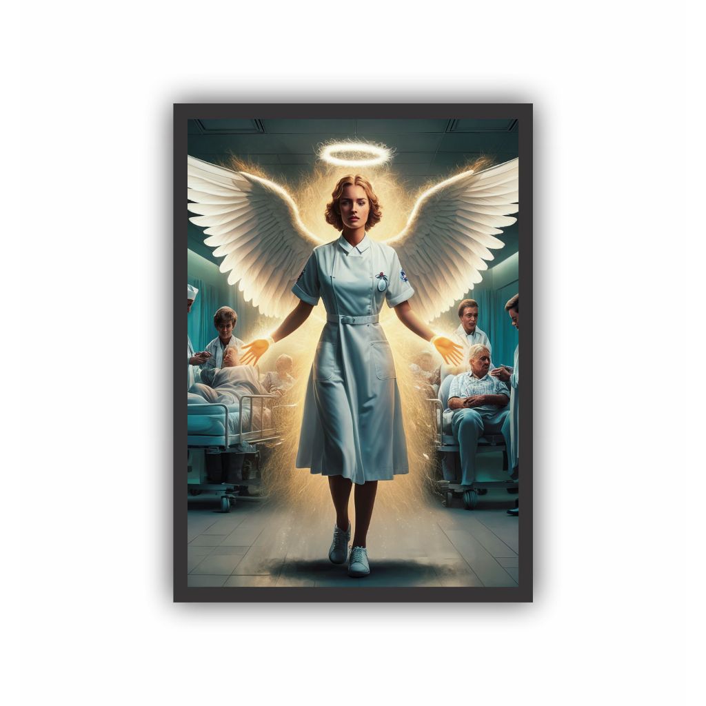 Quadro Decorativo Enfermagem Medicina Anjo Hospital A3 Moldura Preta