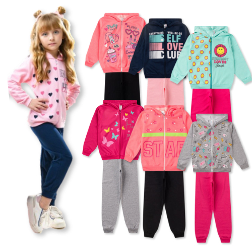 Kit 10 Peças Moletom Feminino 5 Casacos c Estampas Zíper e Capuz + 5 Calças Lisas Infantil...