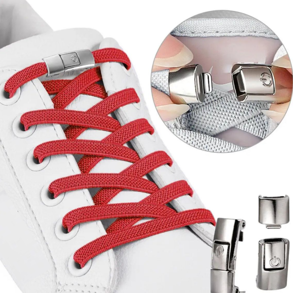 Cadarço elástico para tênis fecho click na cor vermelho, branco e preto Infantil e Adulto