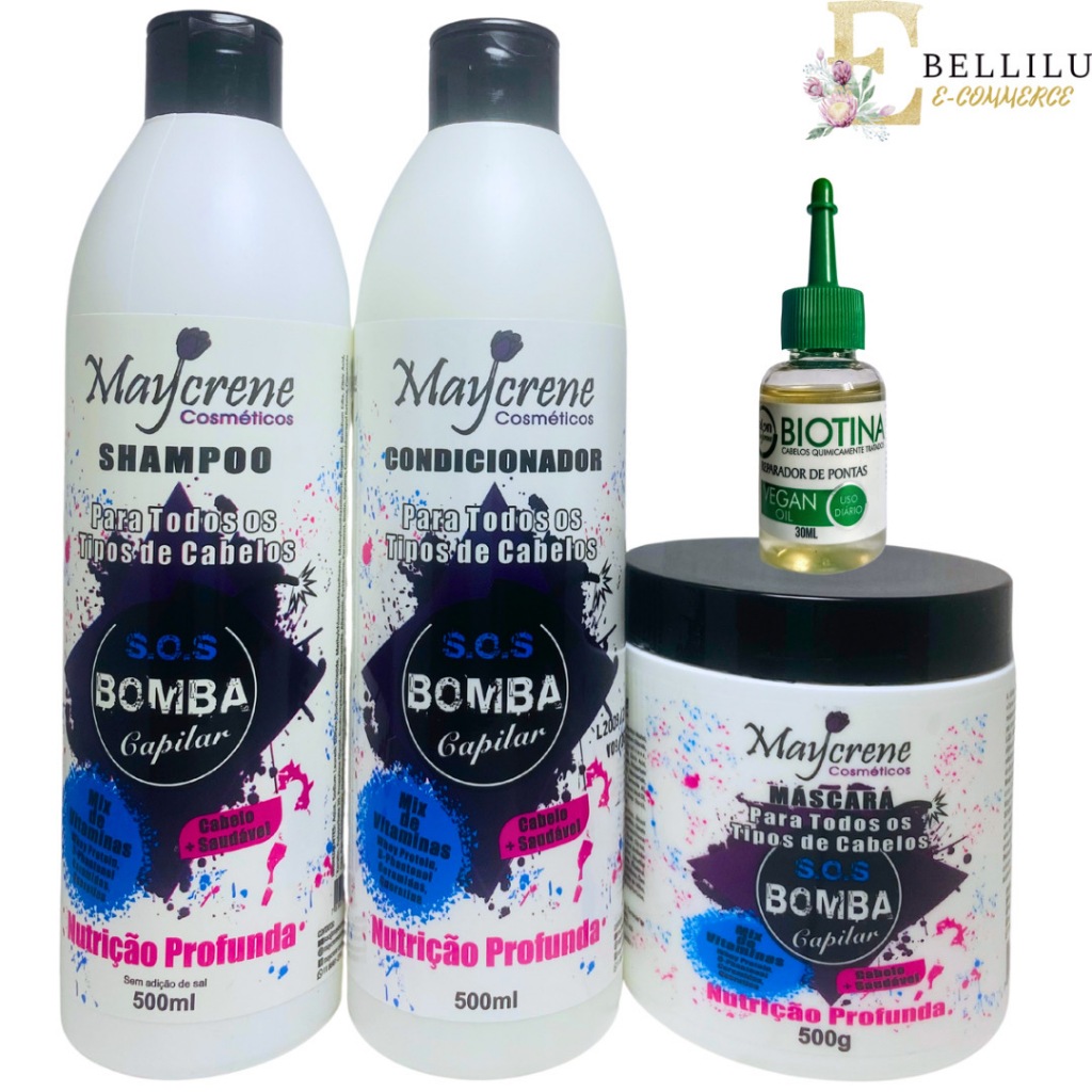 Kit de Tratamento S.O.S Bomba Capilar Maycrene - Shampoo + condicionador+ mascara+ oleo biotina 30ml