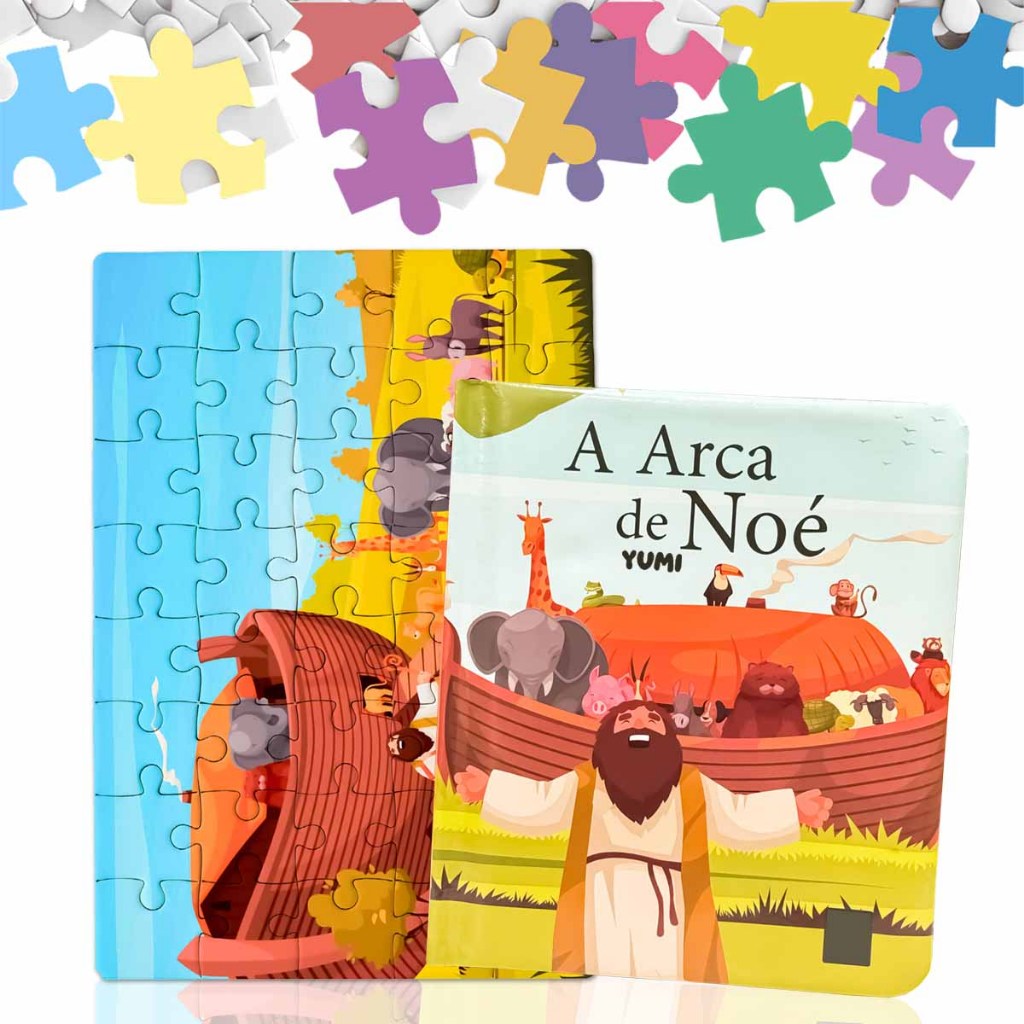 Livro Infantil Bíblico Arca de Noé  + Quebra-Cabeça 60 pçs Capa Dura Premium
