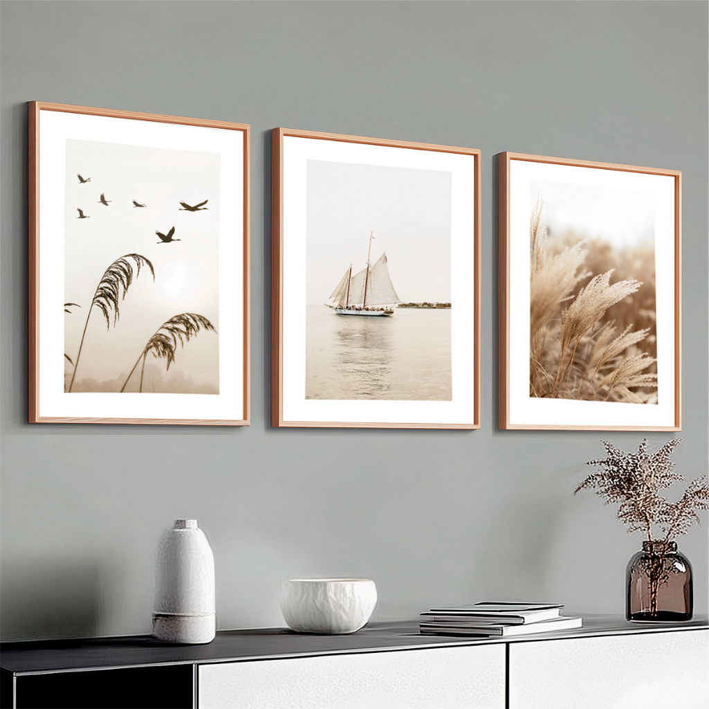 Trio Quadros Decorativos Modernos Com Moldura De Madeira Hall Escritório