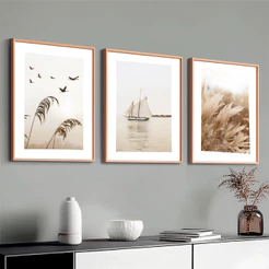 Trio Quadros Decorativos Modernos Com Moldura De Madeira Hall Escritório