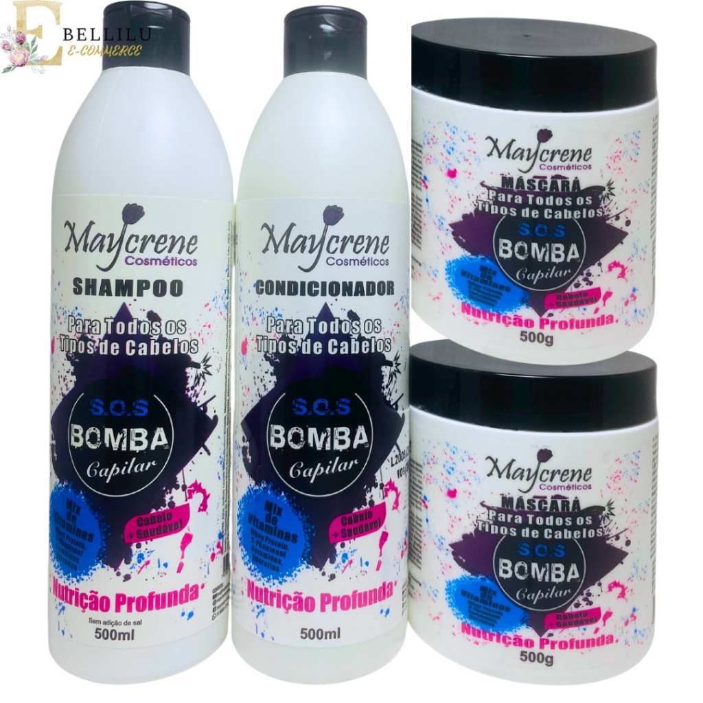 Kit de Tratamento S.O.S Bomba Capilar Maycrene - Shampoo + Condicionador + Máscara (4x500ml)