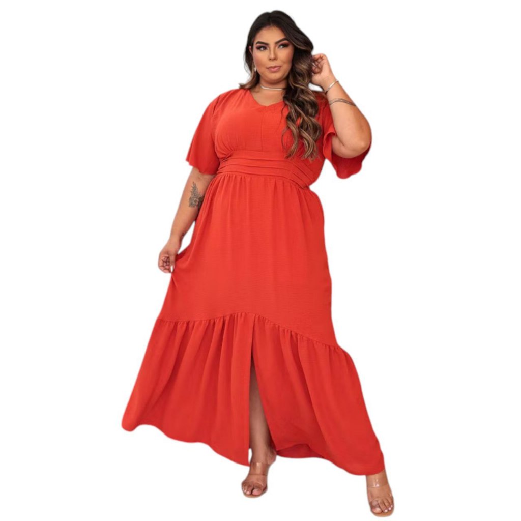 Vestido Longo Moda Plus Size Feminina Tecido Duna Forrado Fenda Manga Flare