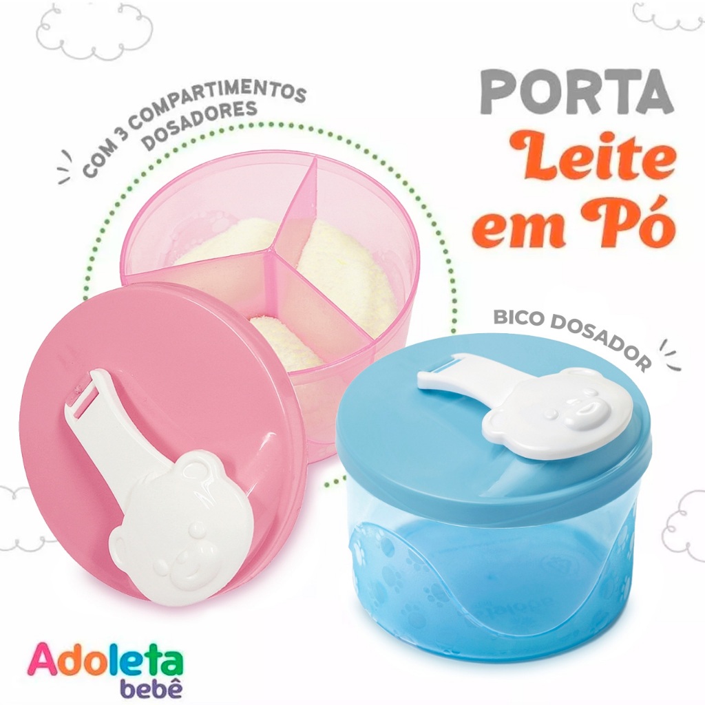 Pote Dosador com Divisória Para Leite Em Pó Papinhas Bebês Mamadeira Adoleta AZUL ou ROSA