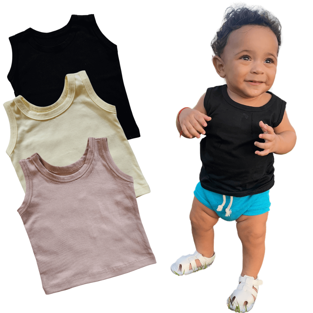 Kit 3 Camiseta Neutra Regata Infantil Bebê Menino Menina 100% Algodão Minimalista em Oferta na Shopee