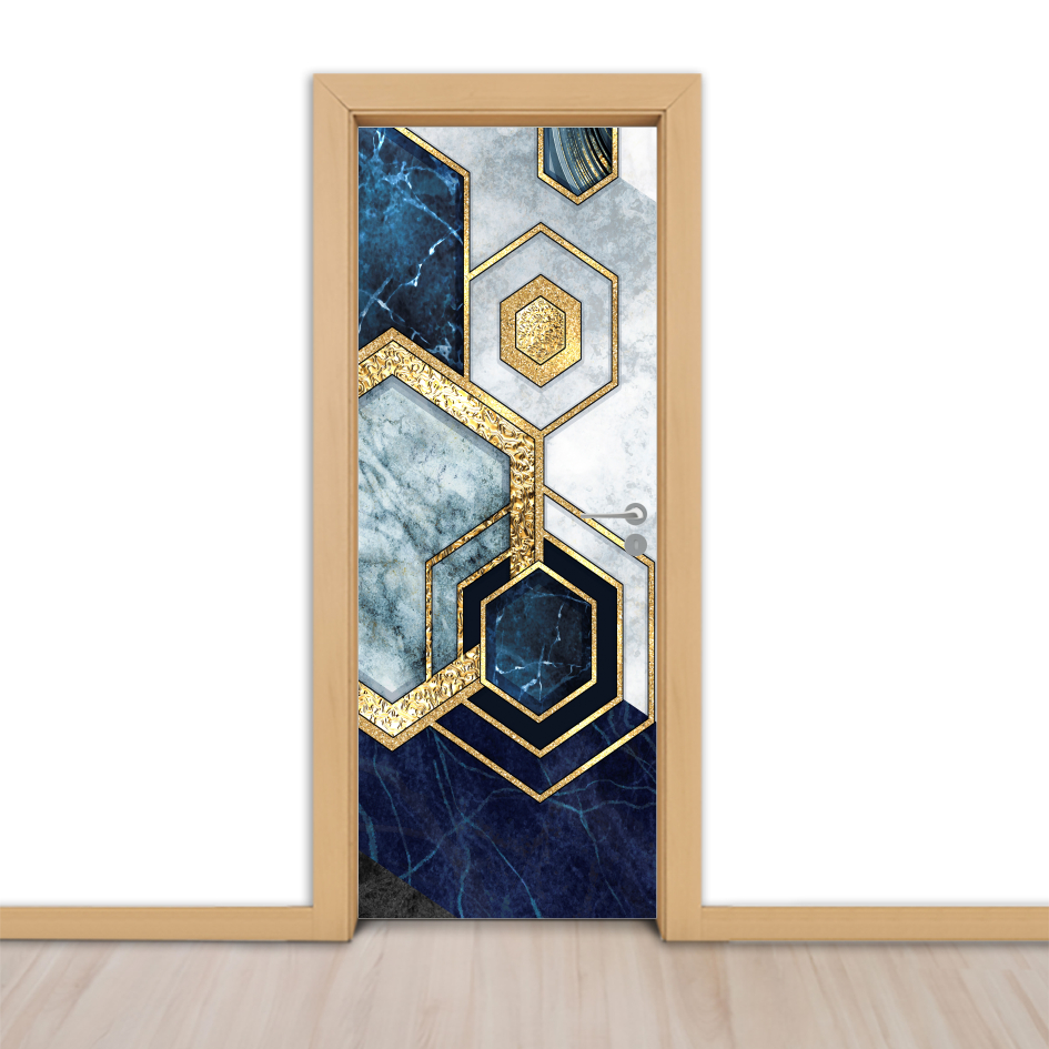 Adesivo para Portas de Madeira ou Vidro Papel de Parede Decoração Revestimento - Dourado, Azul, Mármore 9_011.063