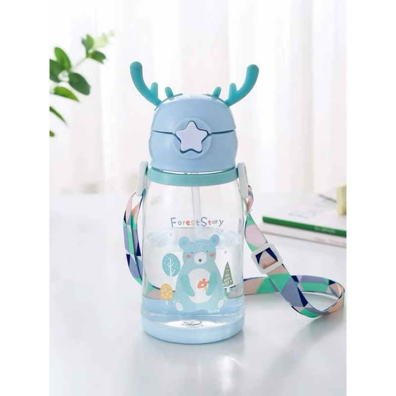 garrafa de agua Infantil 600ML Canudo de Silicone, Tampa e Alça com Chifre Garrafa sweet tooth rosa, azul