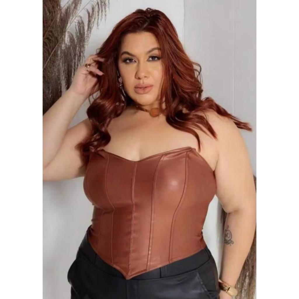 Cropped Corselet Top Courino Tomara Que Caia Plus Size Moda Gringa