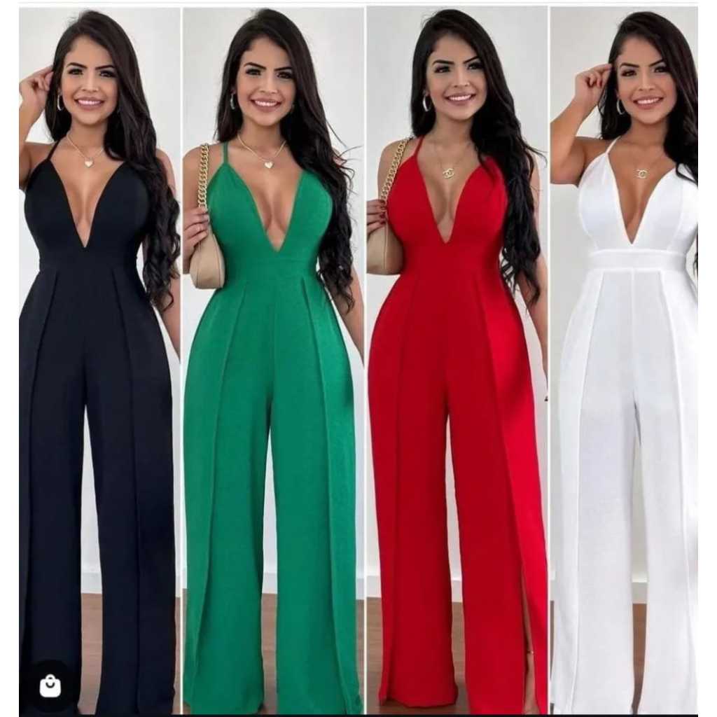 Macacão Feminino Longo Elegante Tecido Duna decote em V | Tem Bojo cordão ajustável nas costas |
