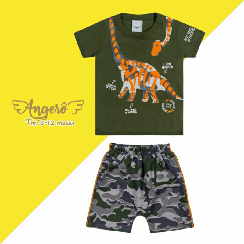 Conjunto Infantil Angerô - Camiseta com Estampa de Dinossauro e Short Camuflado - Tamanho 6 a 12 Meses